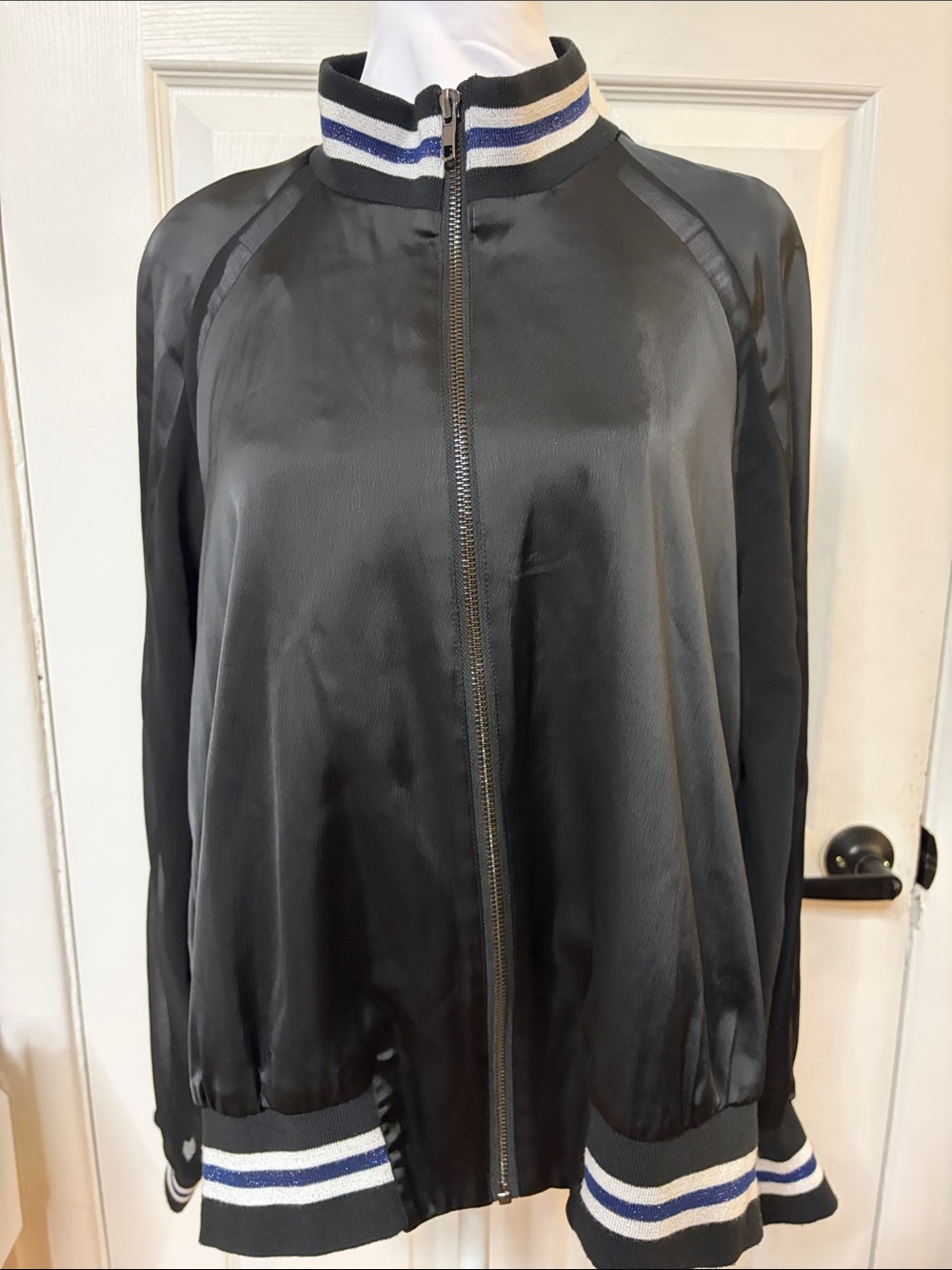 Rachel Zoe Black Satin Bomber Jacket with White & Blue Trim